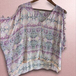 Lavender Brown NWOT XS Boho Kaftan V-Neck Blouse Sleeve Cutouts Purple Teal